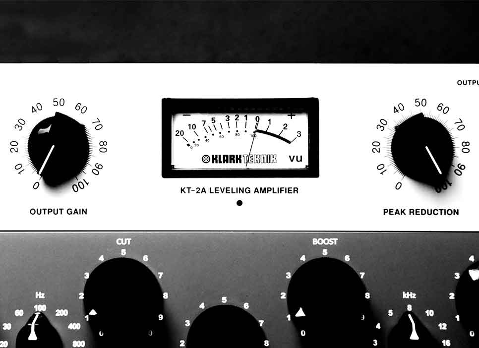 detail of analog compressor and vu meter black and white filter